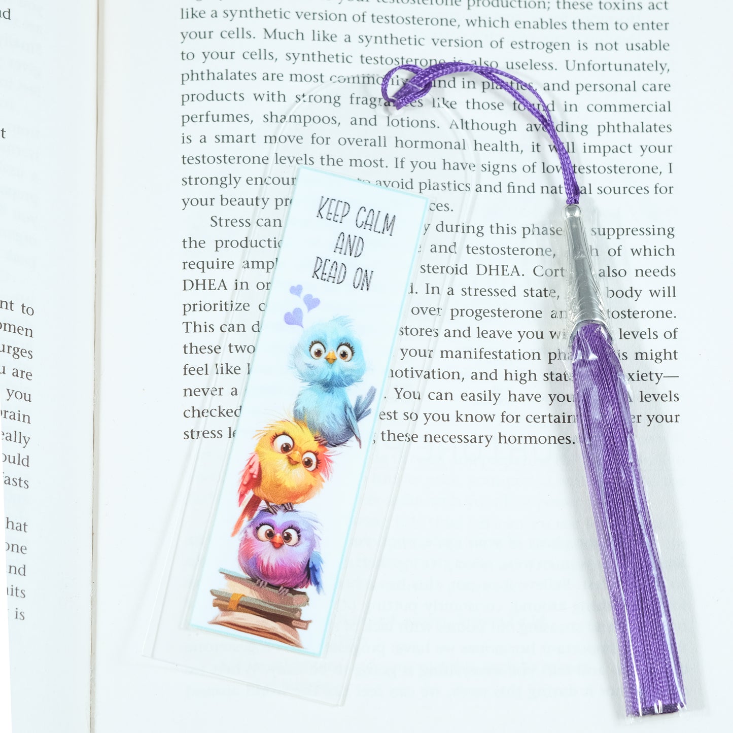 Acrylic bookmark with cute cartoon birds and inspirational quote 'Keep calm and read on'. Perfect gift for book lovers. Durable, lightweight design from Georgie's Grove