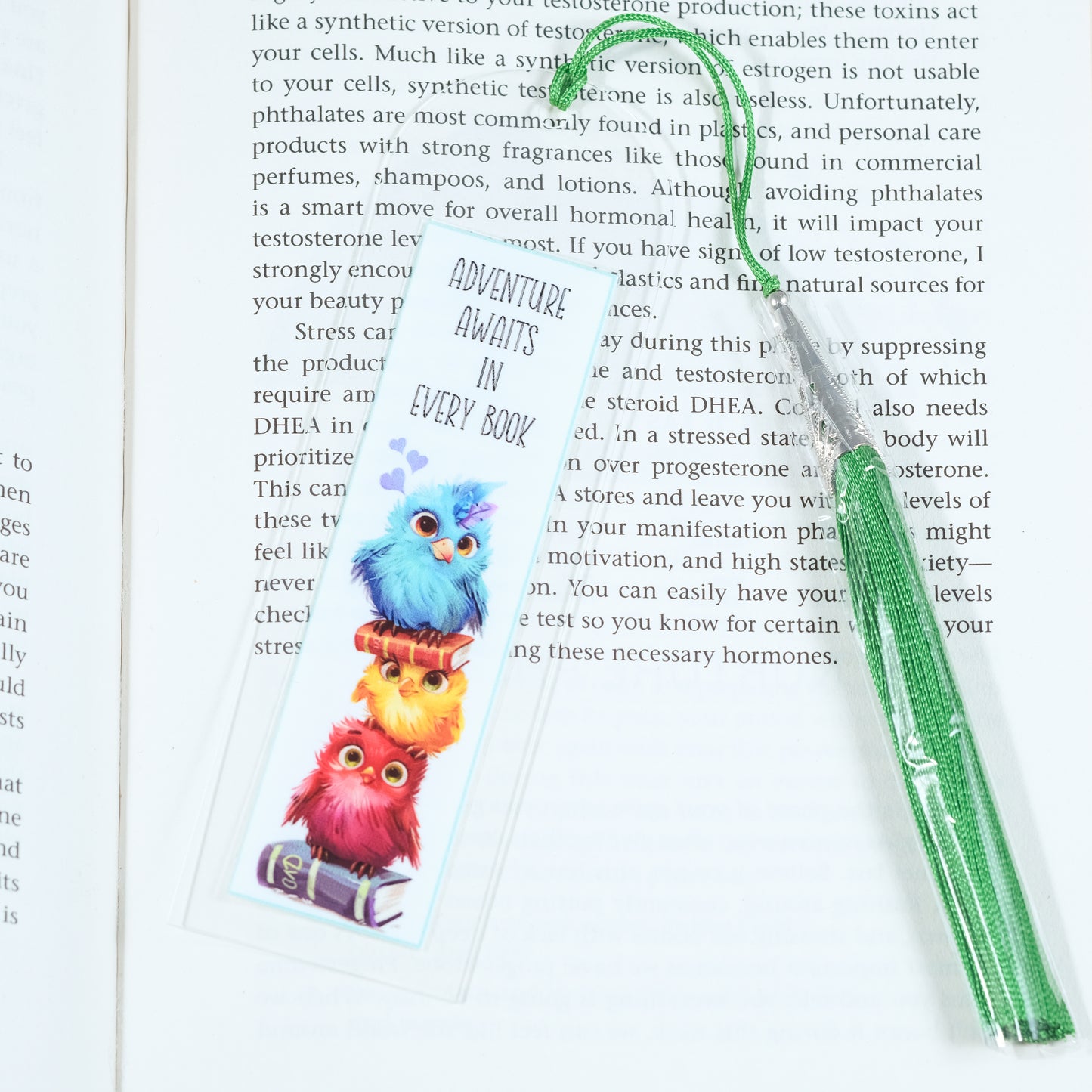 Acrylic bookmark with cute cartoon birds and inspirational quote 'Adventure awaits in every book'. Perfect gift for book lovers. Durable, lightweight design from Georgie's Grove