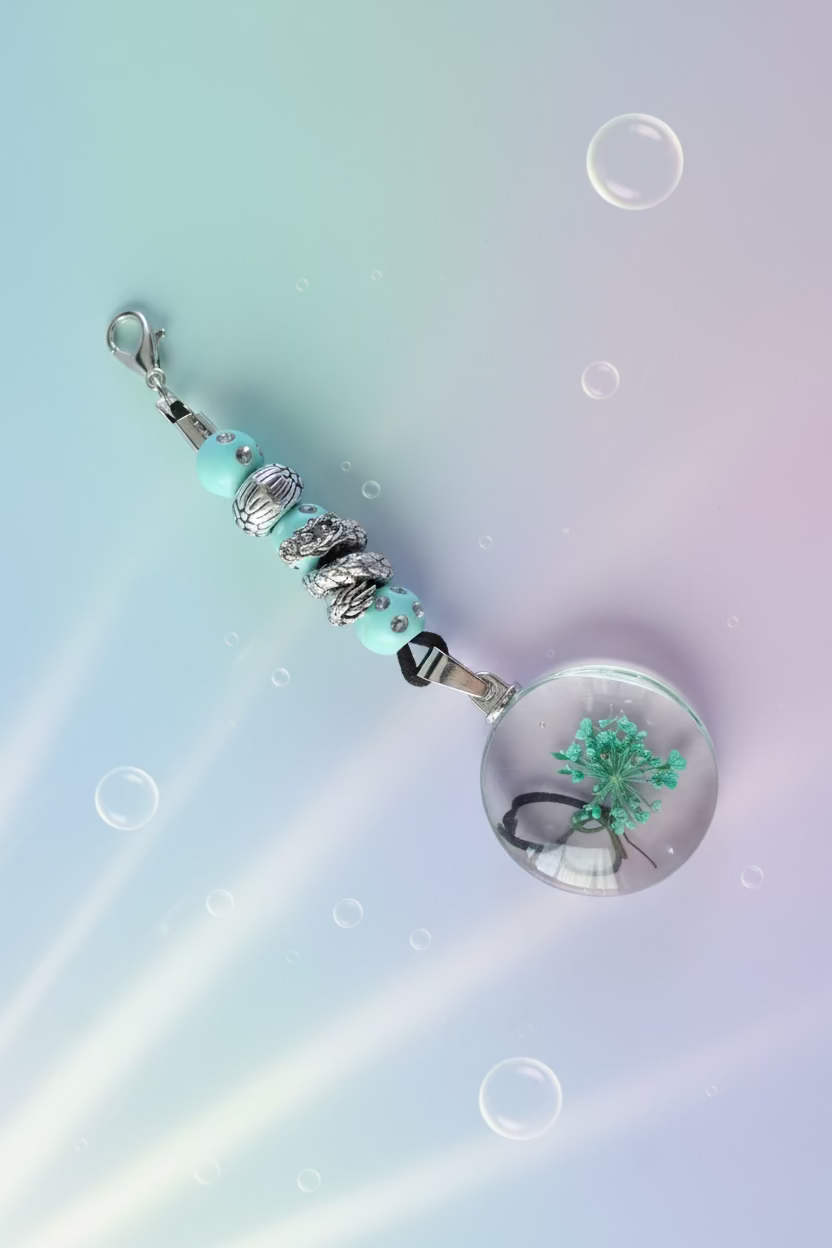 Add a touch of whimsy to your everyday carry with this beautiful handmade green dangle charm. Each piece is lovingly crafted with sparkling green beads and a cast floral bead with a curled dragon, creating a delicate yet eye-catching accessory.