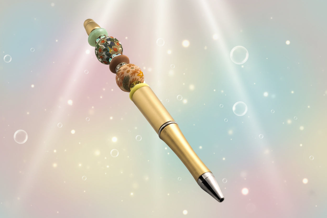 A gold metallic pen with floral beads, a yellow oval bead, a green oval bead, a fawn oval bead and sparkly Rondelles.