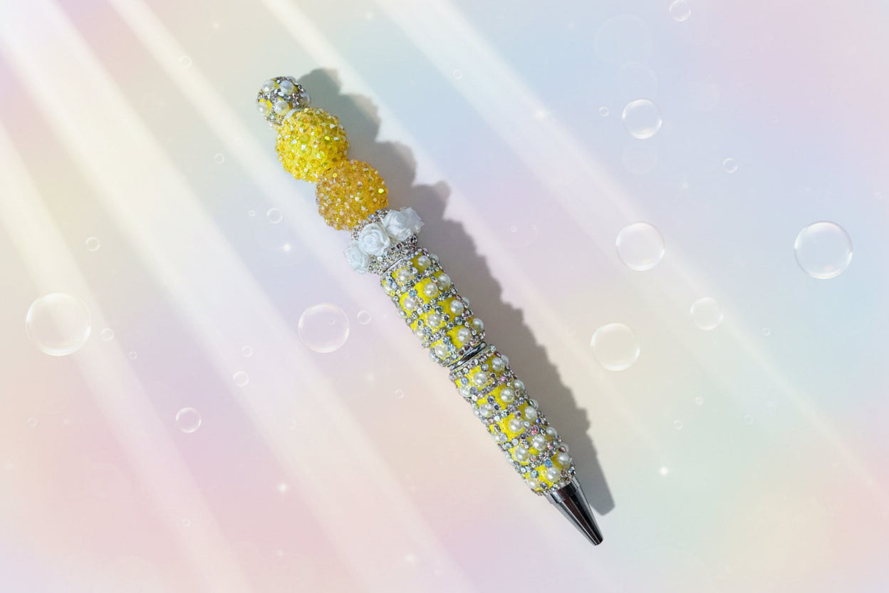 Yellow plush beaded ballpoint pen with smooth black ink. Tactile, stylish & perfect for gifts. Add personality to your writing at Georgie's Grove.