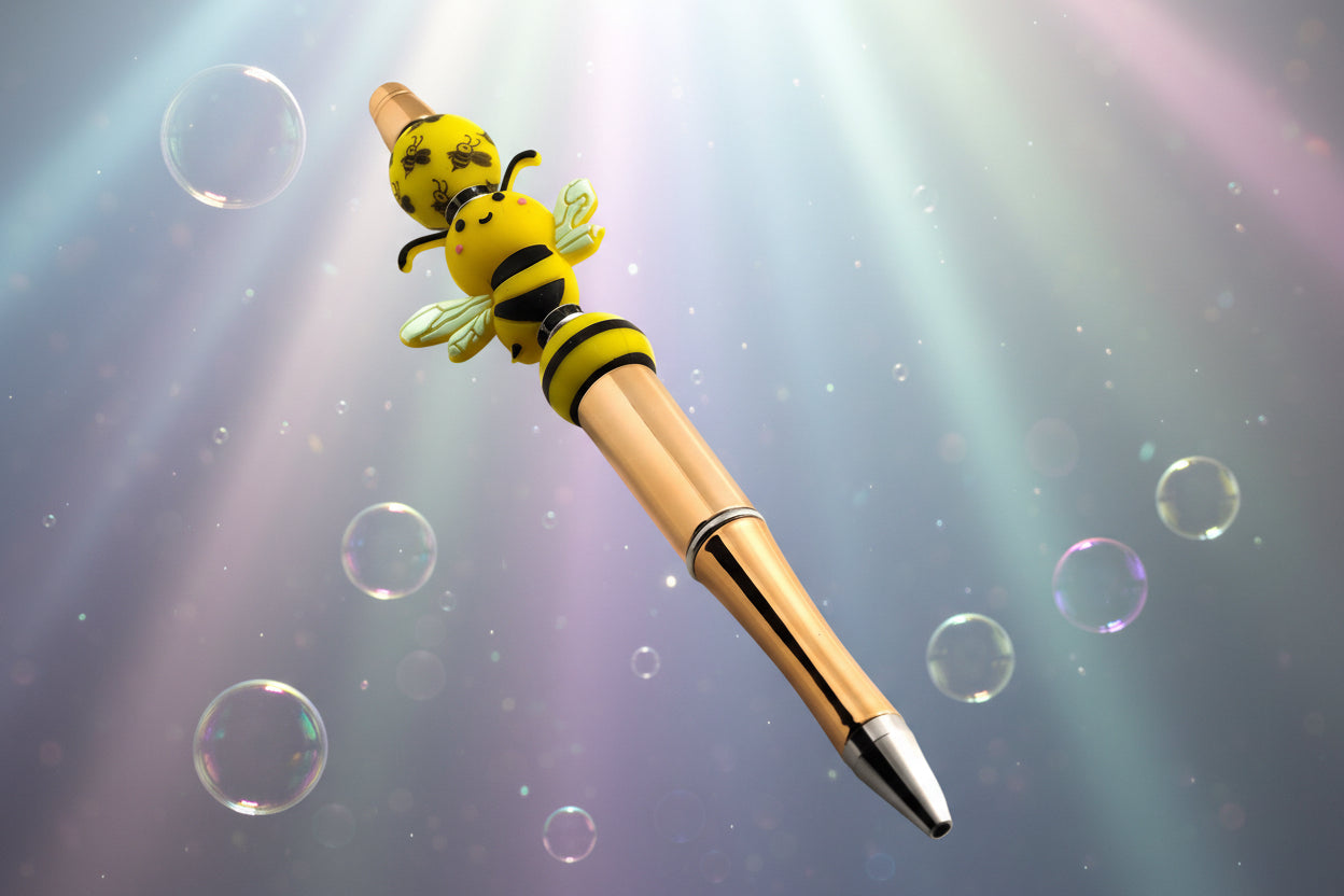 A gold pen with yellow beads with black stripes and  a bee pattern with black rondelles and a bee shaped bead