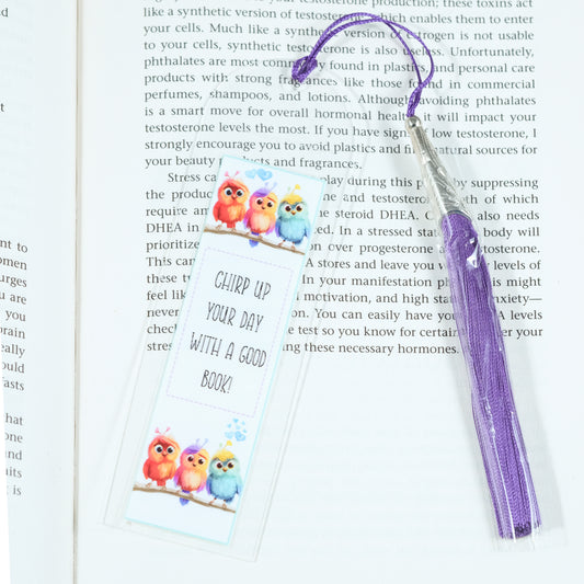 Acrylic bookmark with cute cartoon birds and inspirational quote 'Chirp up your day with a good book'. Perfect gift for book lovers. Durable, lightweight design from Georgie's Grove