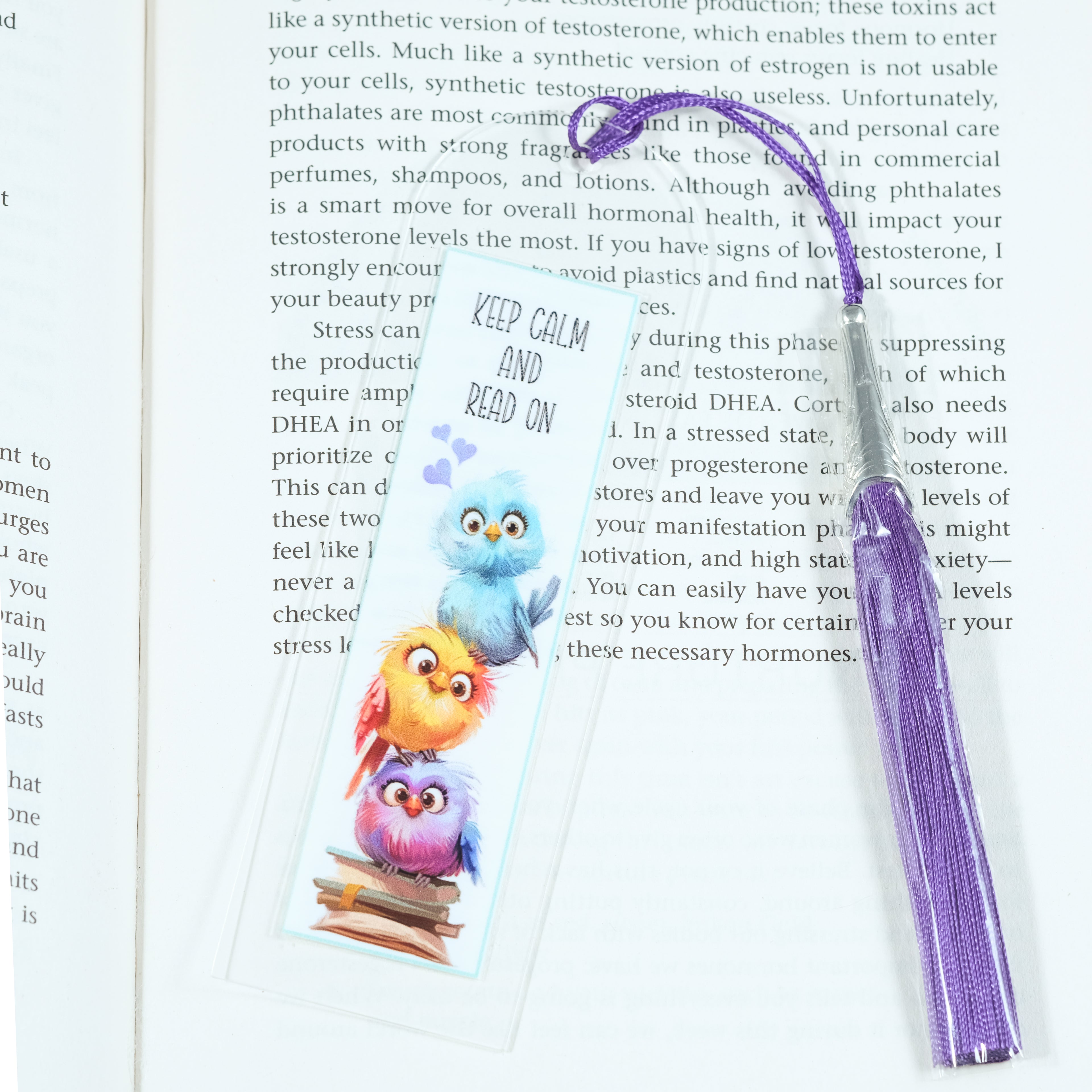 Acrylic bookmark with cute cartoon birds and inspirational quote 'Keep calm and read on'. Perfect gift for book lovers. Durable, lightweight design from Georgie's Grove