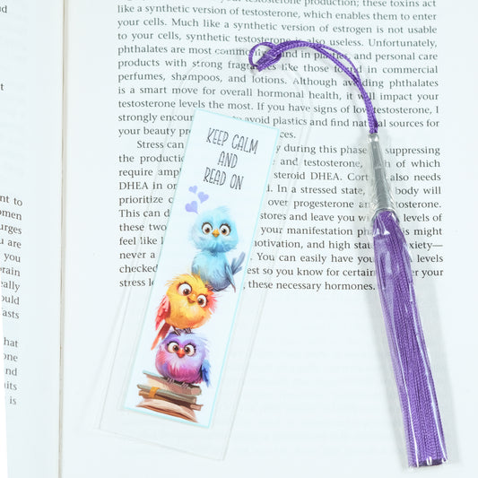 Acrylic bookmark with cute cartoon birds and inspirational quote 'Keep calm and read on'. Perfect gift for book lovers. Durable, lightweight design from Georgie's Grove