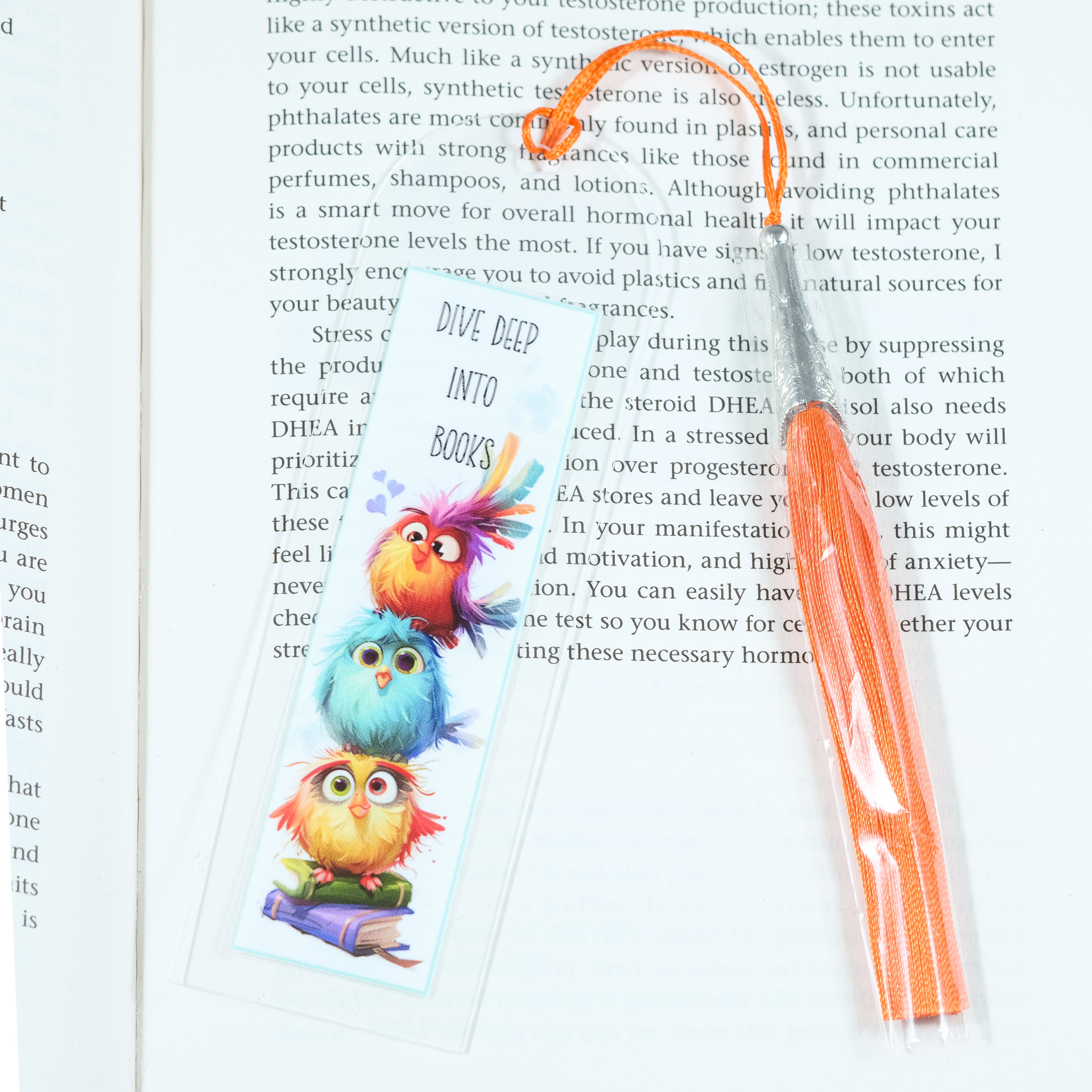 Acrylic bookmark with cute cartoon birds and inspirational quote 'Dive deep into books'. Perfect gift for book lovers. Durable, lightweight design from Georgie's Grove