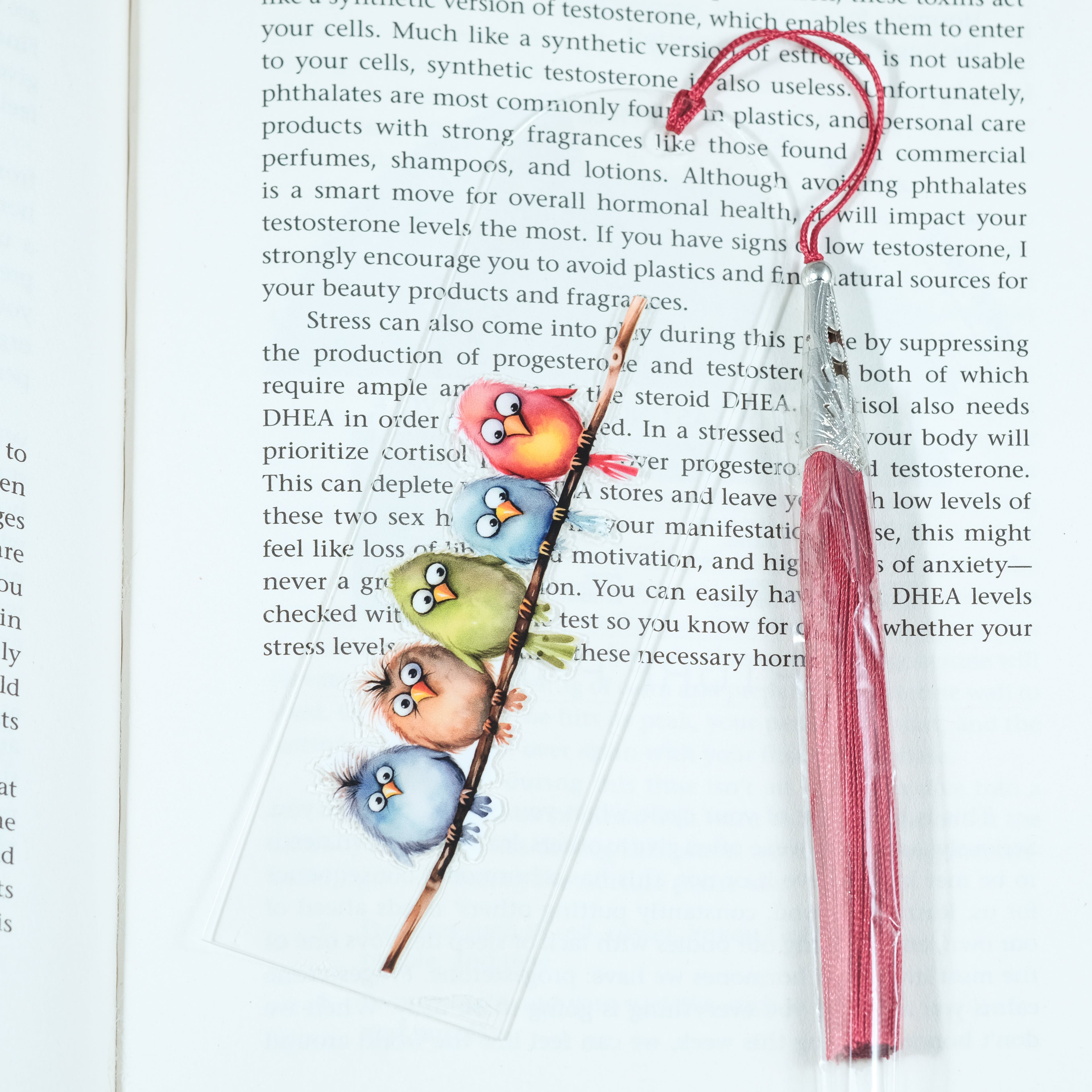Add a splash of whimsy to your reading with this delightful Crazy Birds on a Branch acrylic bookmark! Featuring a playful design of quirky, characterful birds perched along a branch, this bookmark brings personality and charm to every page you turn.