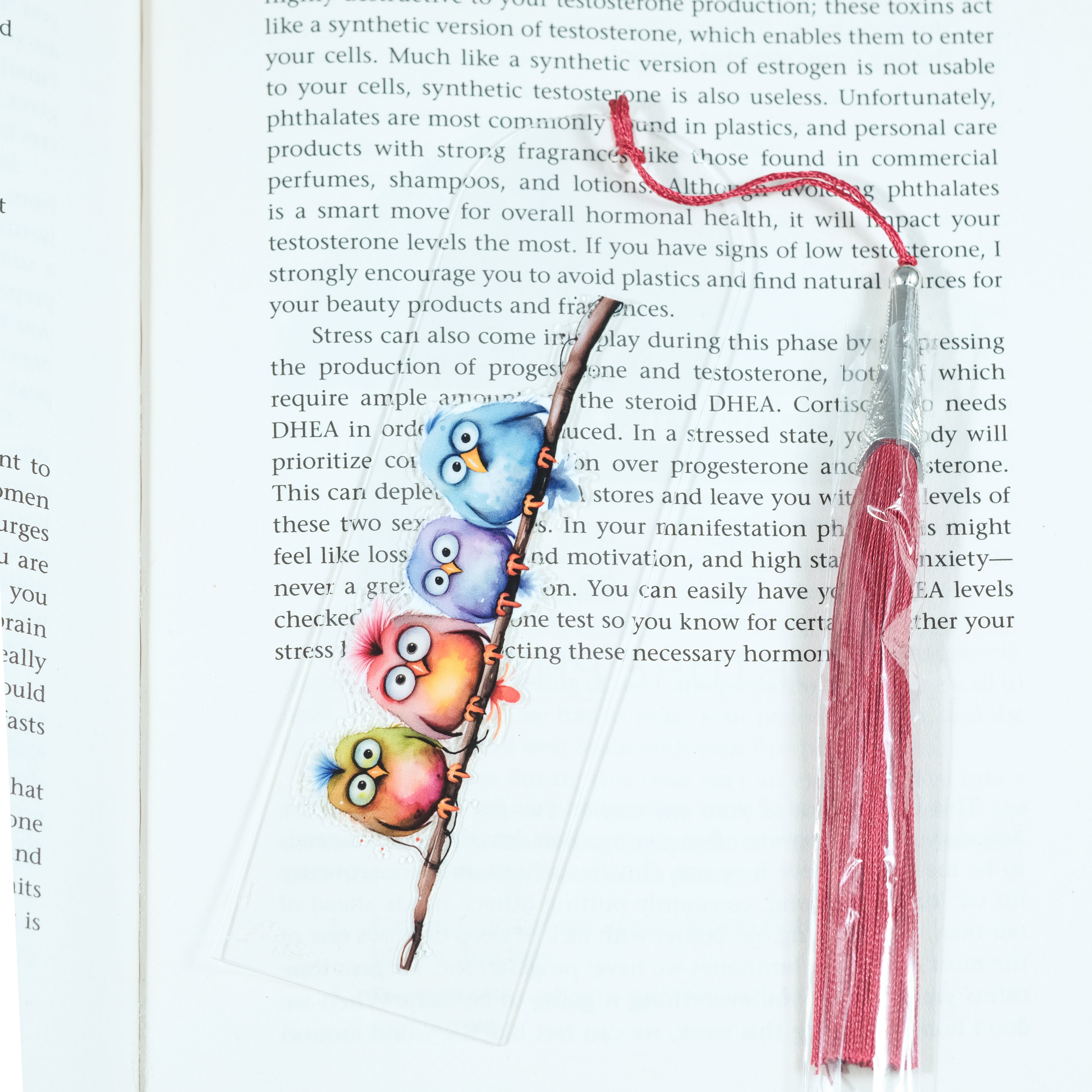 Add a splash of whimsy to your reading with this delightful Crazy Birds on a Branch acrylic bookmark! Featuring a playful design of quirky, characterful birds perched along a branch, this bookmark brings personality and charm to every page you turn.