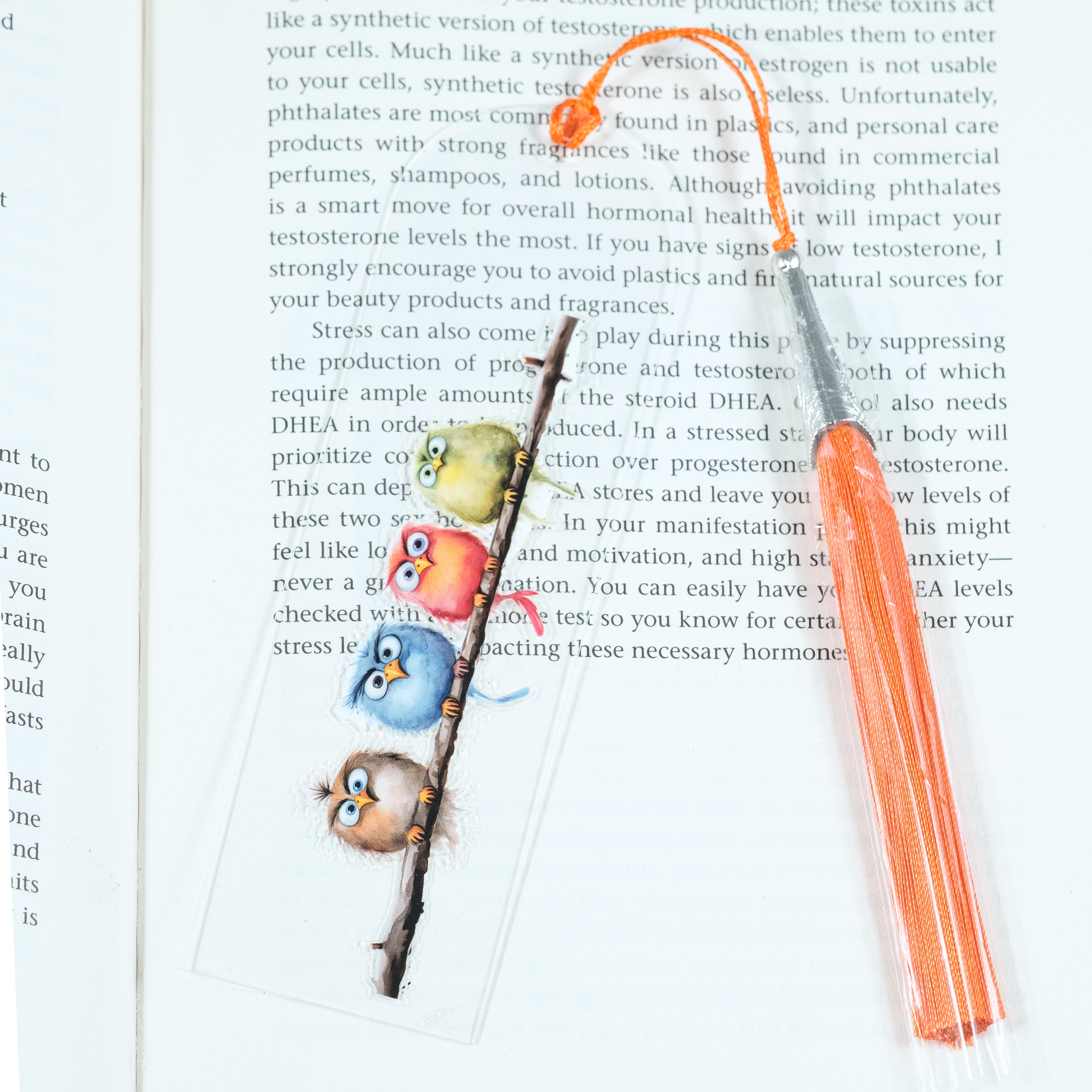 Add a splash of whimsy to your reading with this delightful Crazy Birds on a Branch acrylic bookmark! Featuring a playful design of quirky, characterful birds perched along a branch, this bookmark brings personality and charm to every page you turn.