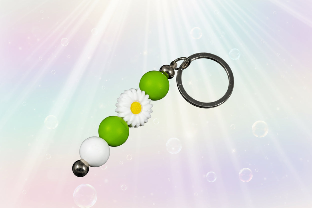 White Daisy Keychain with Apple Green Accents