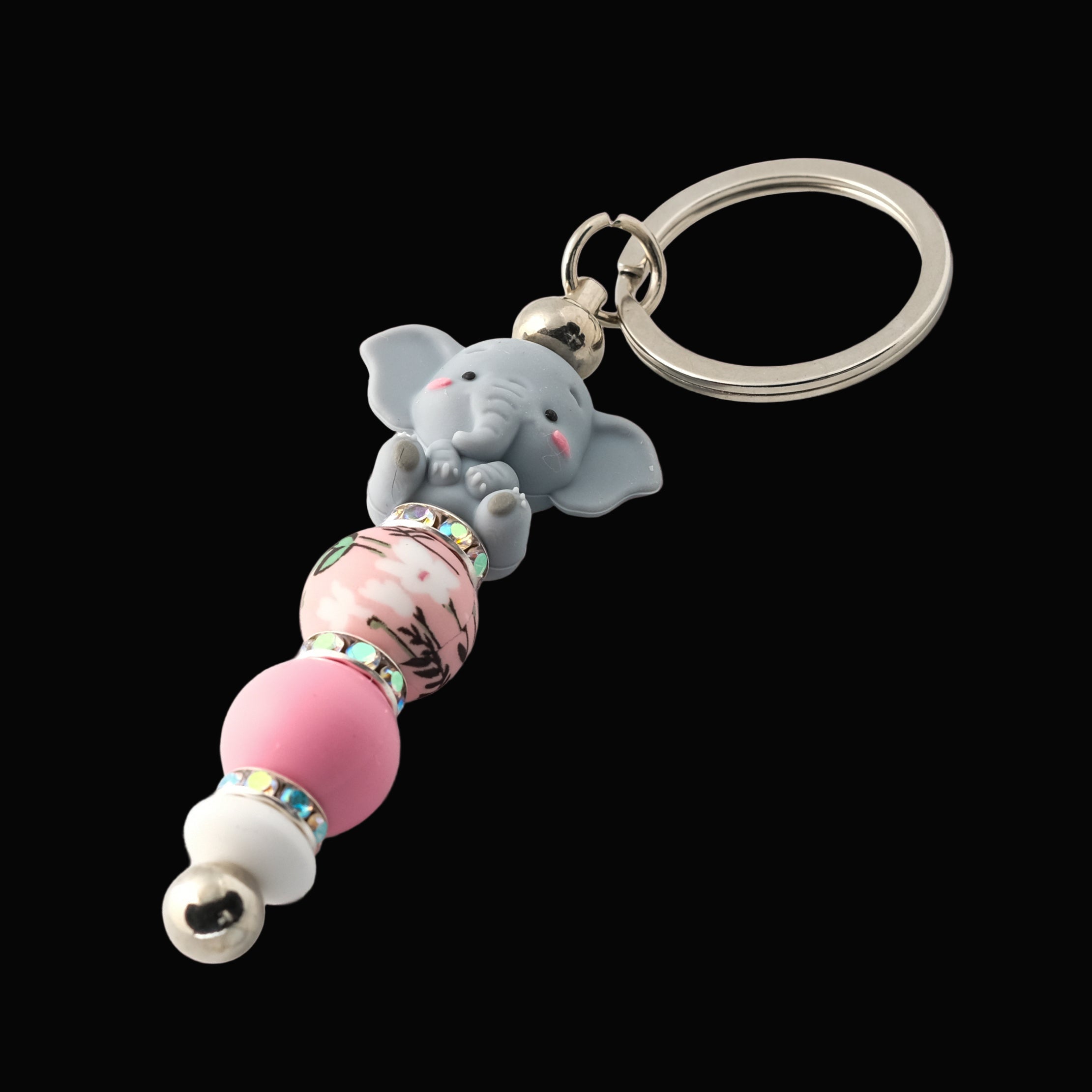 Elephant charm keyring with pink and white silicon beads and sparkly rondelles