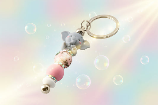Elephant charm keyring with pink and white silicon beads and sparkly rondelles