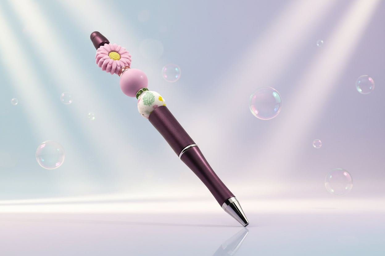 A purple metallic pen with a purple daisy shaped bead, a purple round bead, a white bead with a floral design and a pink and a green Rondelle.