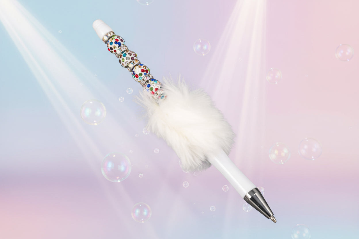 Whether you're jotting down notes, signing documents, or journaling your thoughts, this charming white fluffy beaded pen brings a smile to every stroke