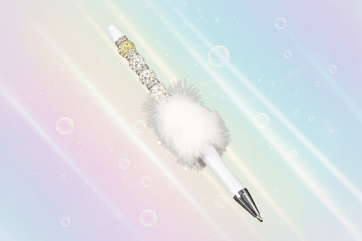 Whether you're jotting down notes, signing documents, or journaling your thoughts, this charming white fluffy beaded pen brings a smile to every stroke