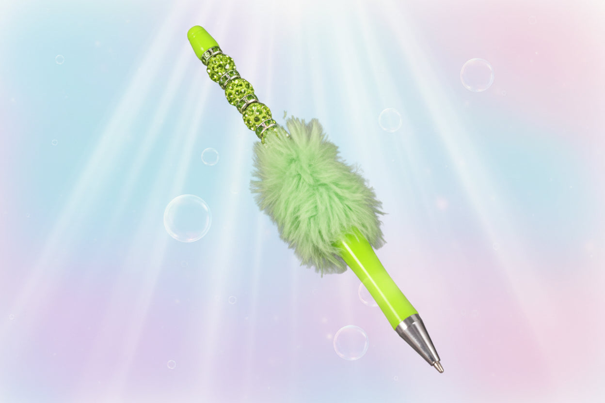 Whether you're jotting down notes, signing documents, or journaling your thoughts, this charming green fluffy beaded pen brings a smile to every stroke