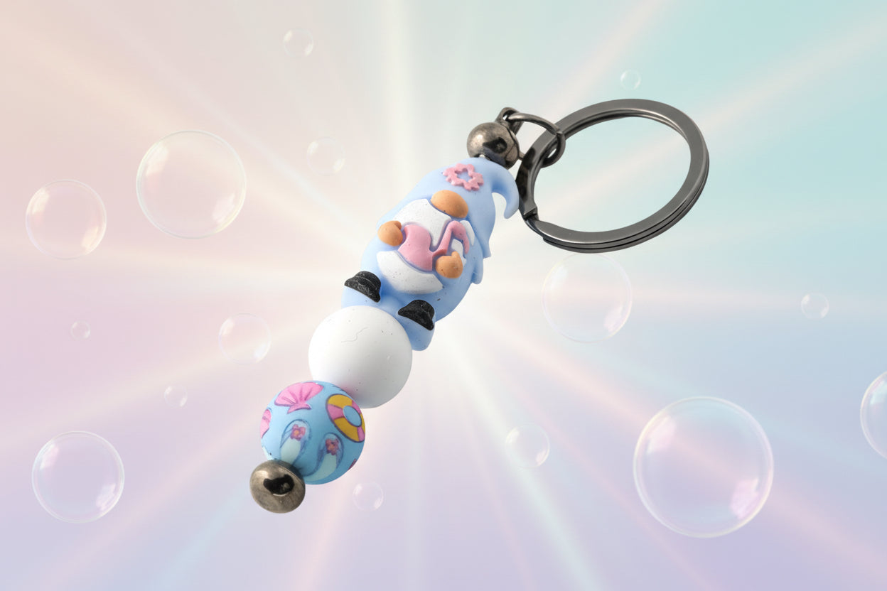 Blue Gnome charm keychain with blue and white beads