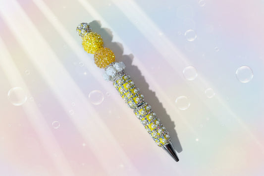 Yellow plush beaded ballpoint pen with smooth black ink. Tactile, stylish & perfect for gifts. Add personality to your writing at Georgie's Grove.