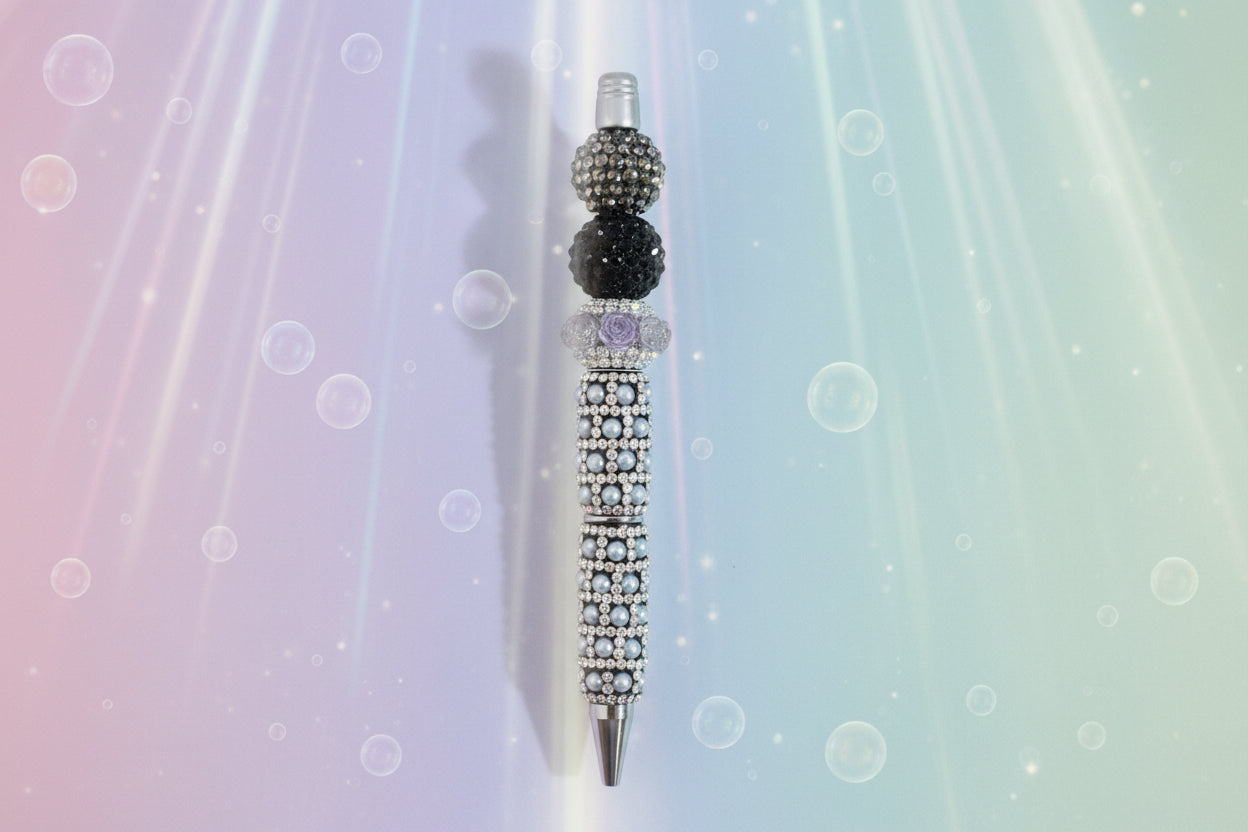 Black plush beaded ballpoint pen with smooth black ink. Tactile, stylish & perfect for gifts. Add personality to your writing at Georgie's Grove.