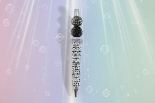 Black plush beaded ballpoint pen with smooth black ink. Tactile, stylish & perfect for gifts. Add personality to your writing at Georgie's Grove.