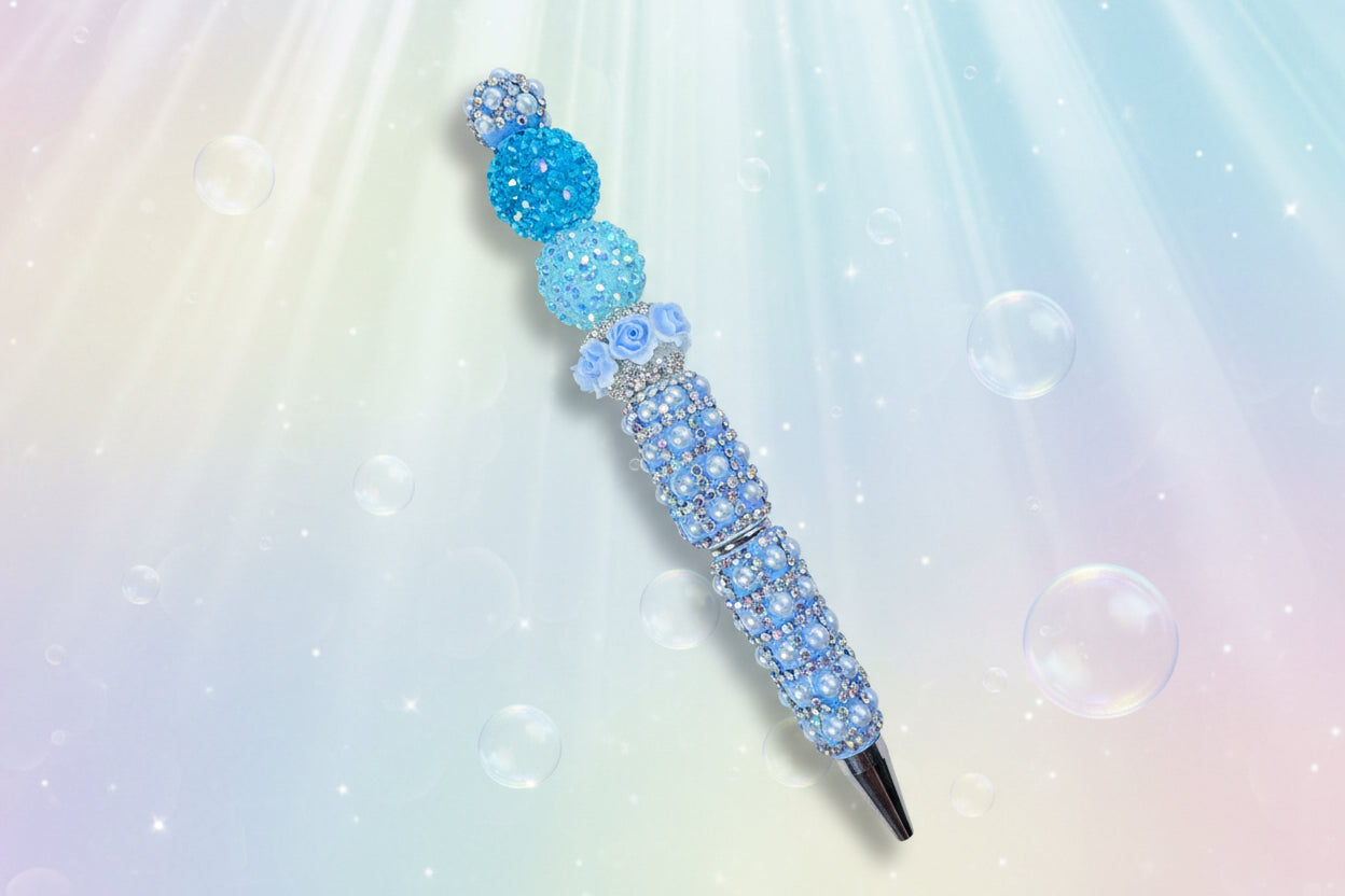 Blue plush beaded ballpoint pen with smooth black ink. Tactile, stylish & perfect for gifts. Add personality to your writing at Georgie's Grove.